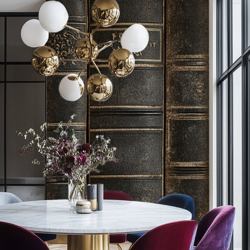 Vintage library wallpaper creating a cozy reading nook in a modern apartment living room