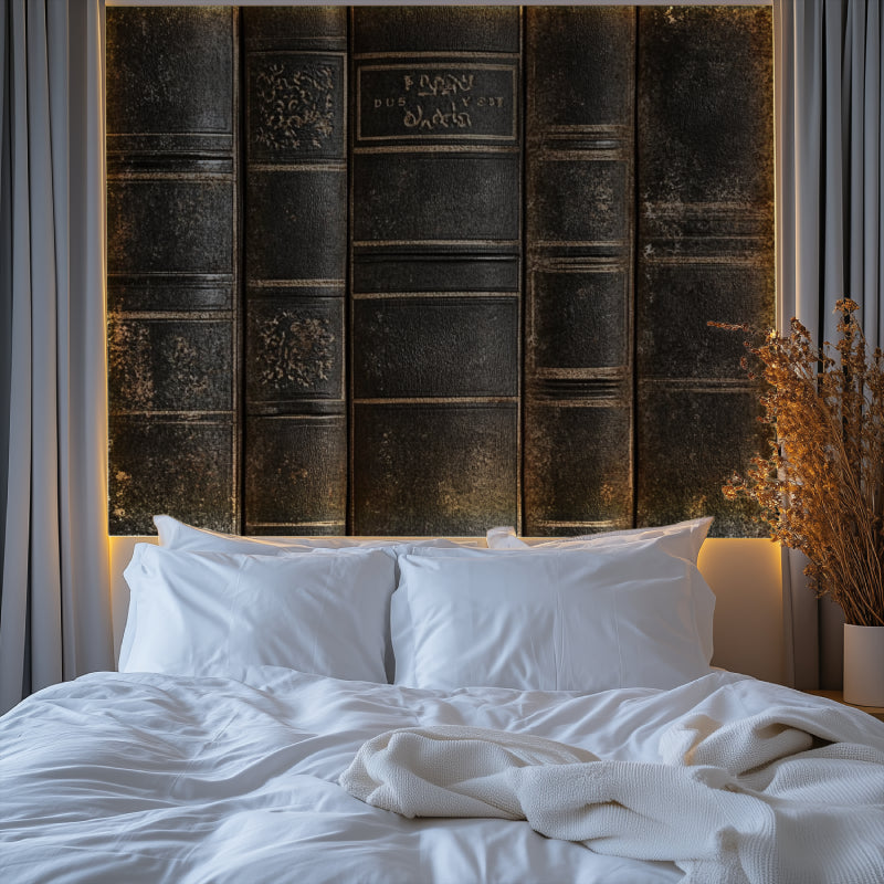 Classic book wallpaper transforming a home office into an elegant study