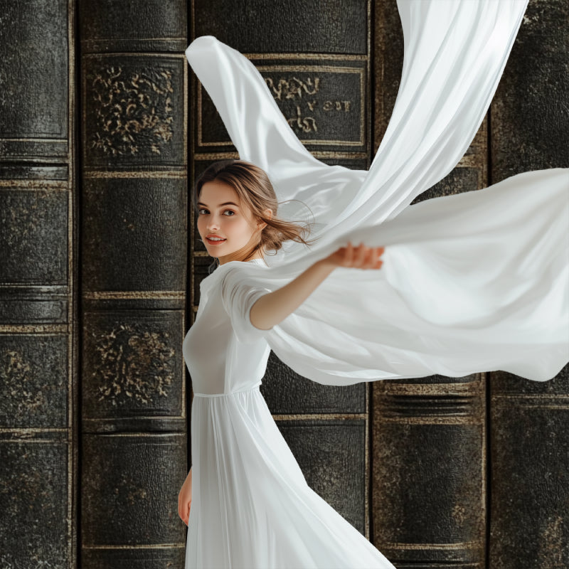 Library wall mural adding sophistication to a dining room setting