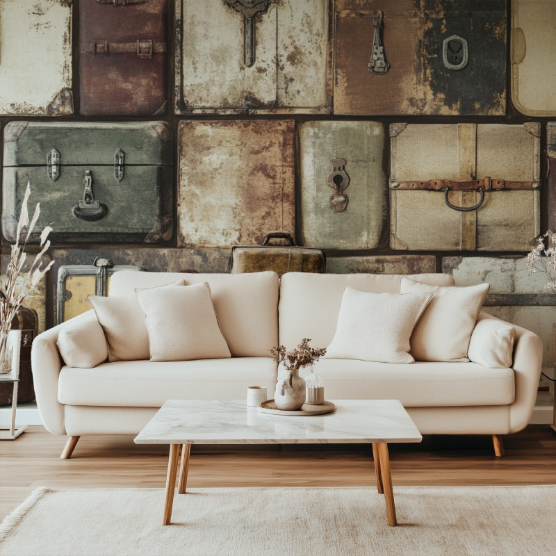 Vintage suitcase wallpaper in a modern home office with leather chair and wooden desk