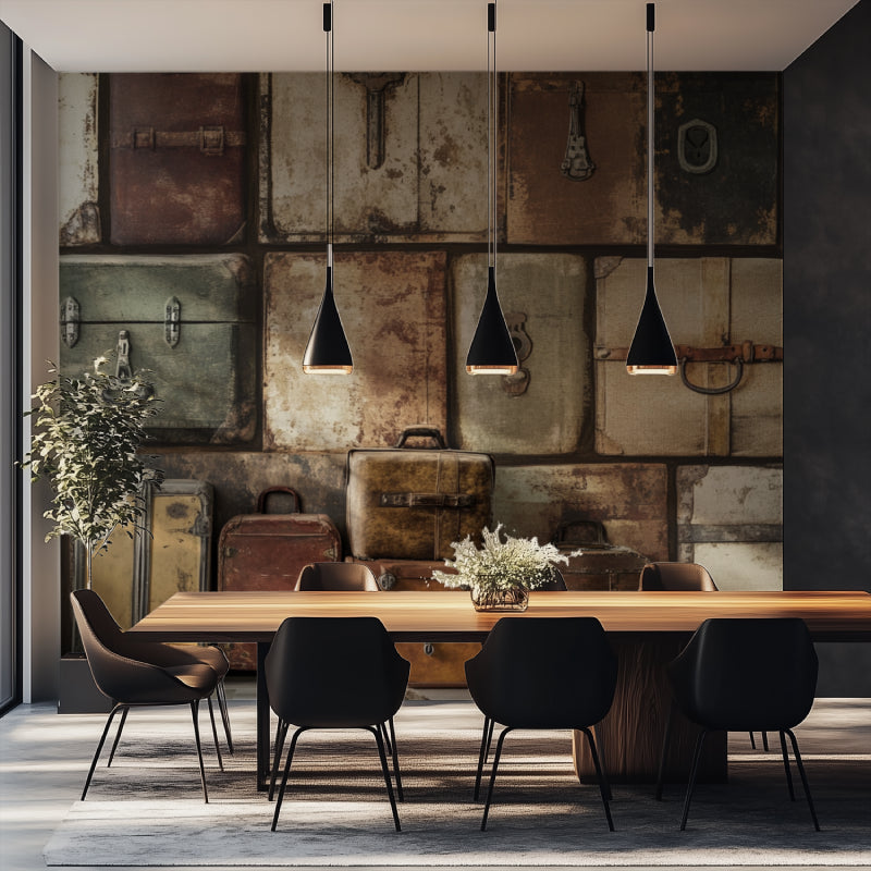 Antique luggage wall mural creating depth in a cozy reading nook