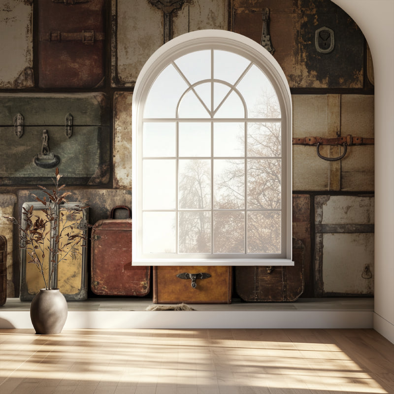 Vintage travel wallpaper complementing an industrial-style dining room