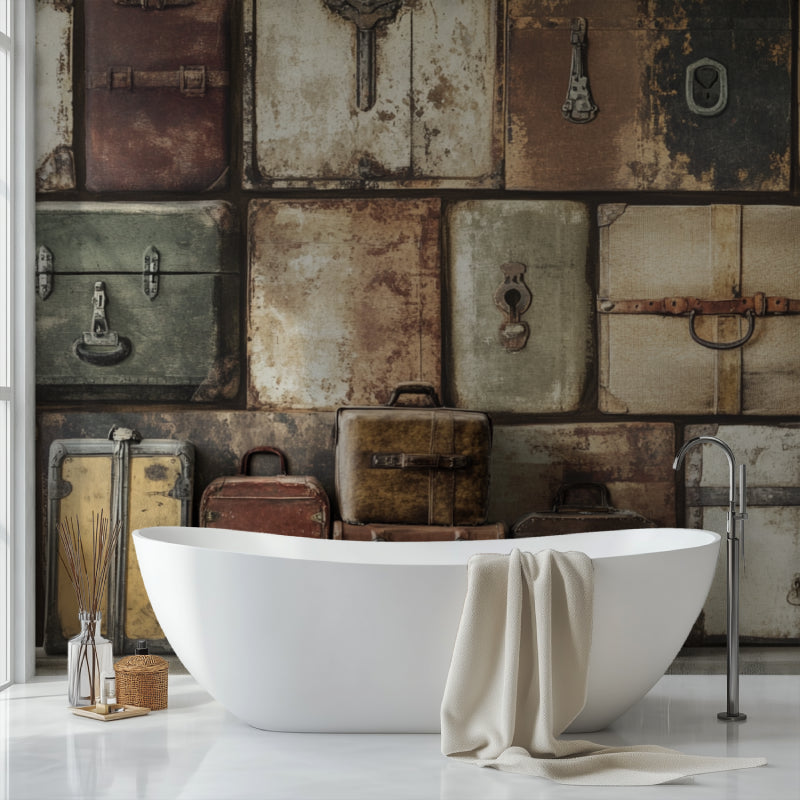 Leather suitcase mural wallpaper in a boutique hotel lobby setting