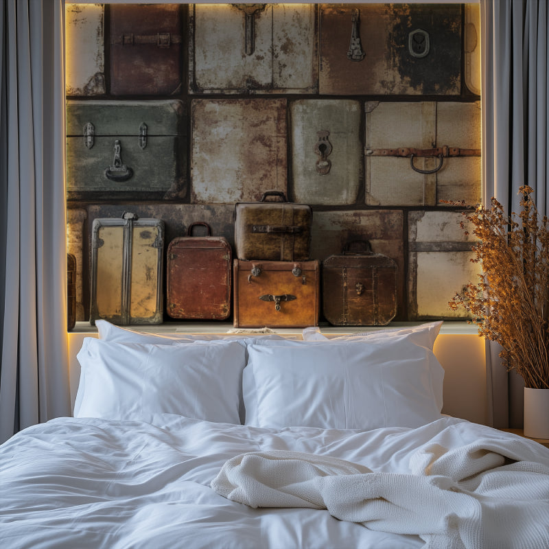 Retro luggage wall design enhancing a vintage-themed restaurant wall