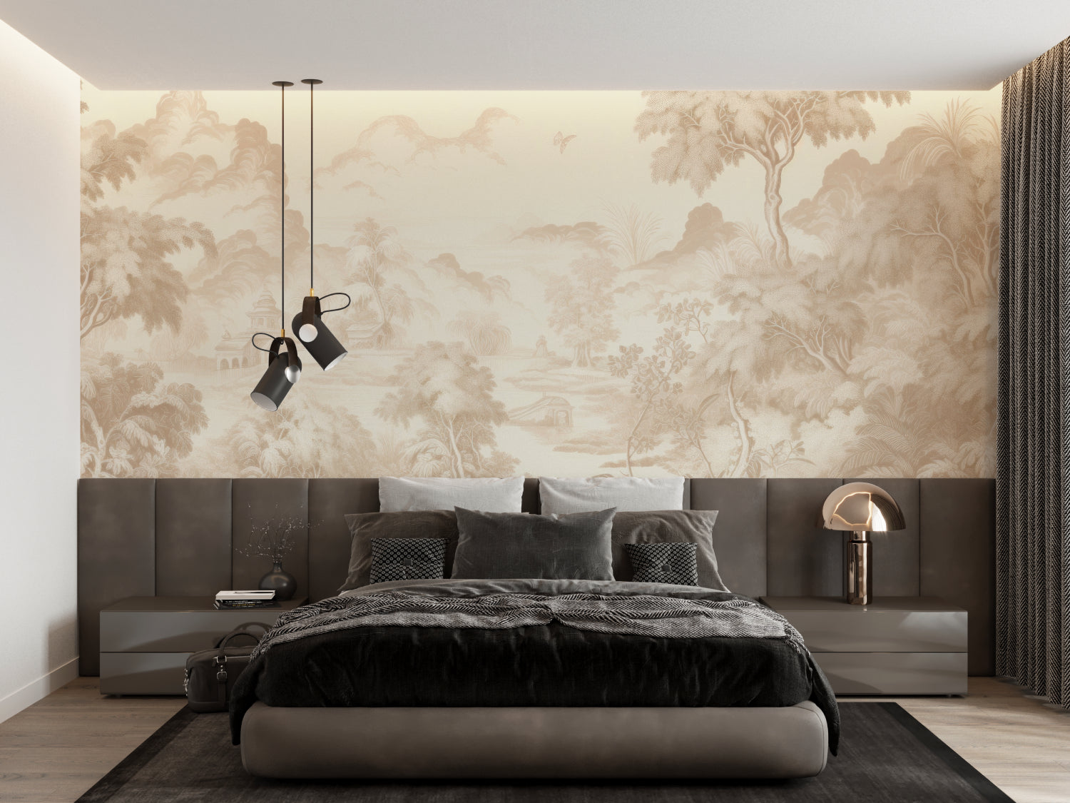 Classic French pastoral wallpaper featured in an entryway setting