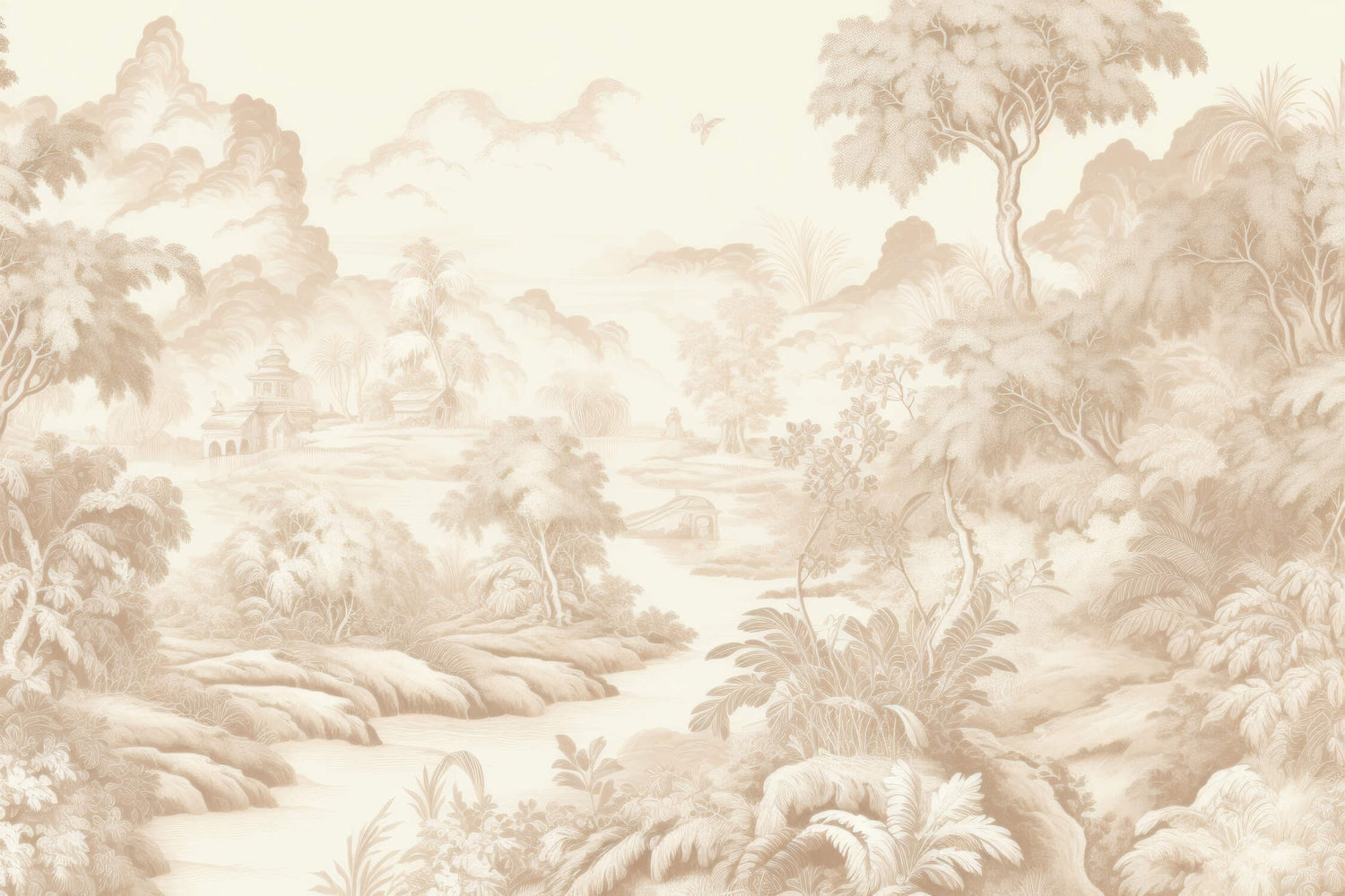 Beige Toile de Jouy pastoral landscape design file showing intricate pattern details