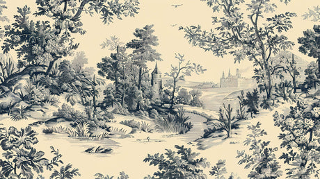 Black and beige Toile de Jouy landscape design file showing detailed pastoral pattern