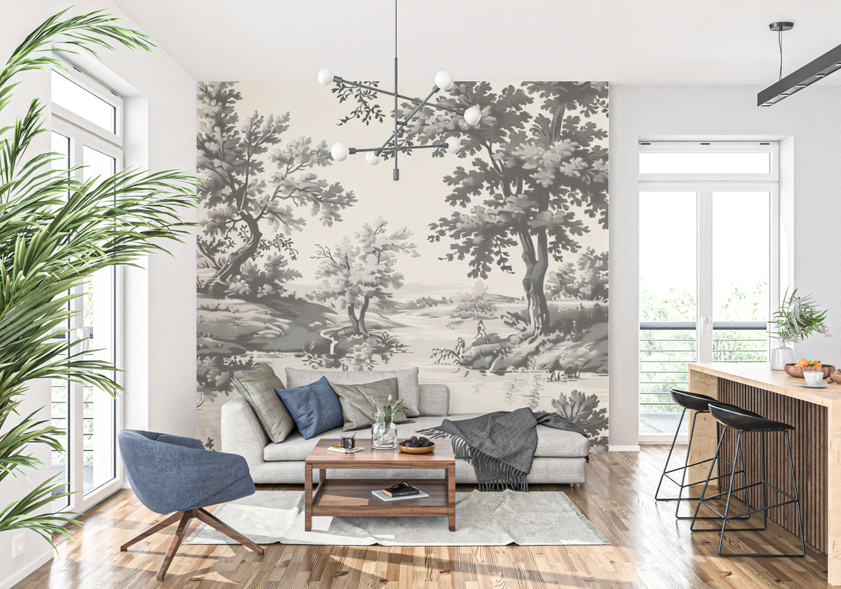 Black and white pastoral scene wallpaper creating depth in dining room setting