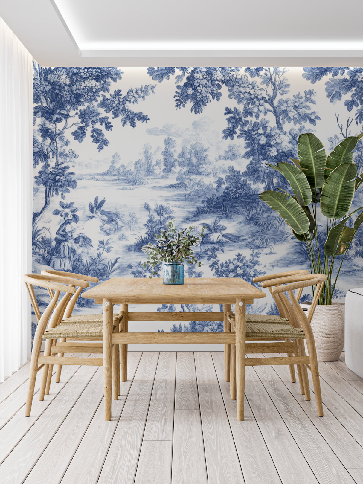 French pastoral scene wallpaper creating depth in modern living room setting