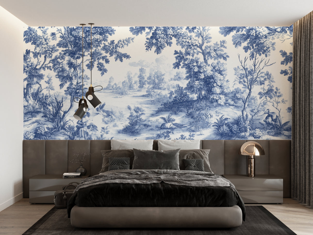 Blue and white French wallpaper adding charm to home office space