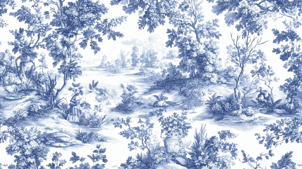 Blue Toile de Jouy landscape design file showing intricate pastoral pattern details