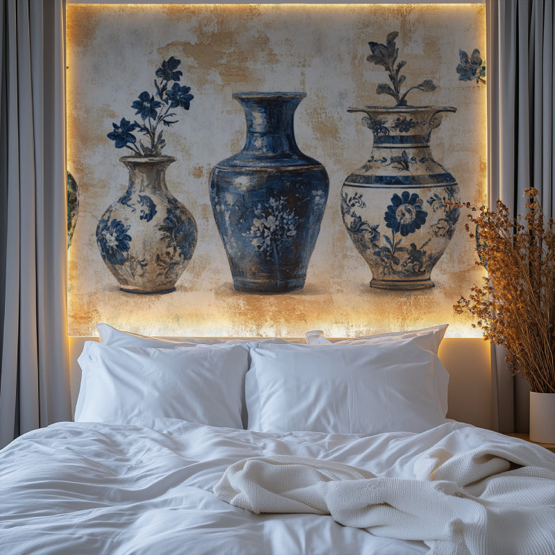 Blue porcelain vase wallpaper in elegant dining room with crystal chandelier