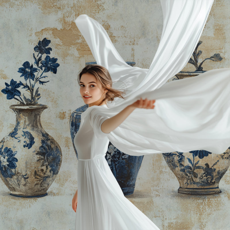 Vintage Chinese vase mural in modern living room setting