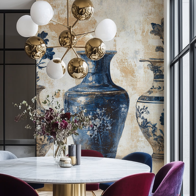 Blue and white pottery wallpaper in classic study room