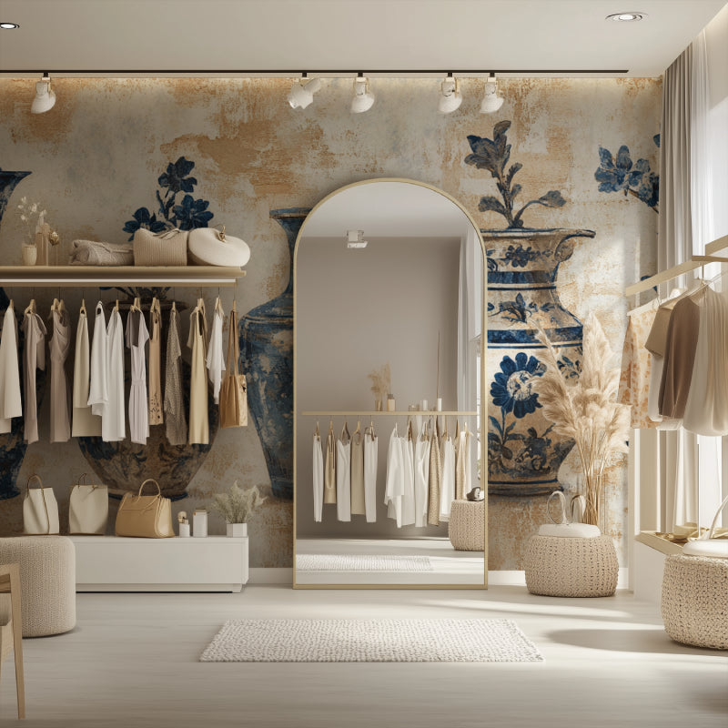 Porcelain vase wall mural in boutique hotel lobby