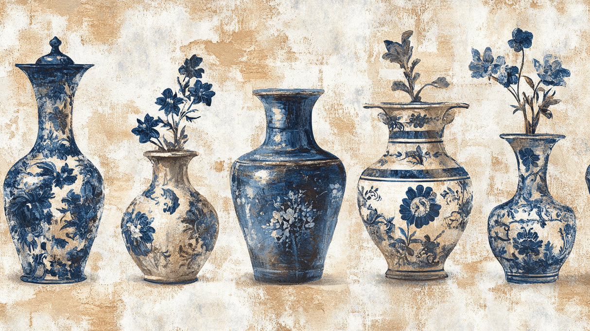 Design file of blue porcelain vases with intricate floral patterns on aged golden background