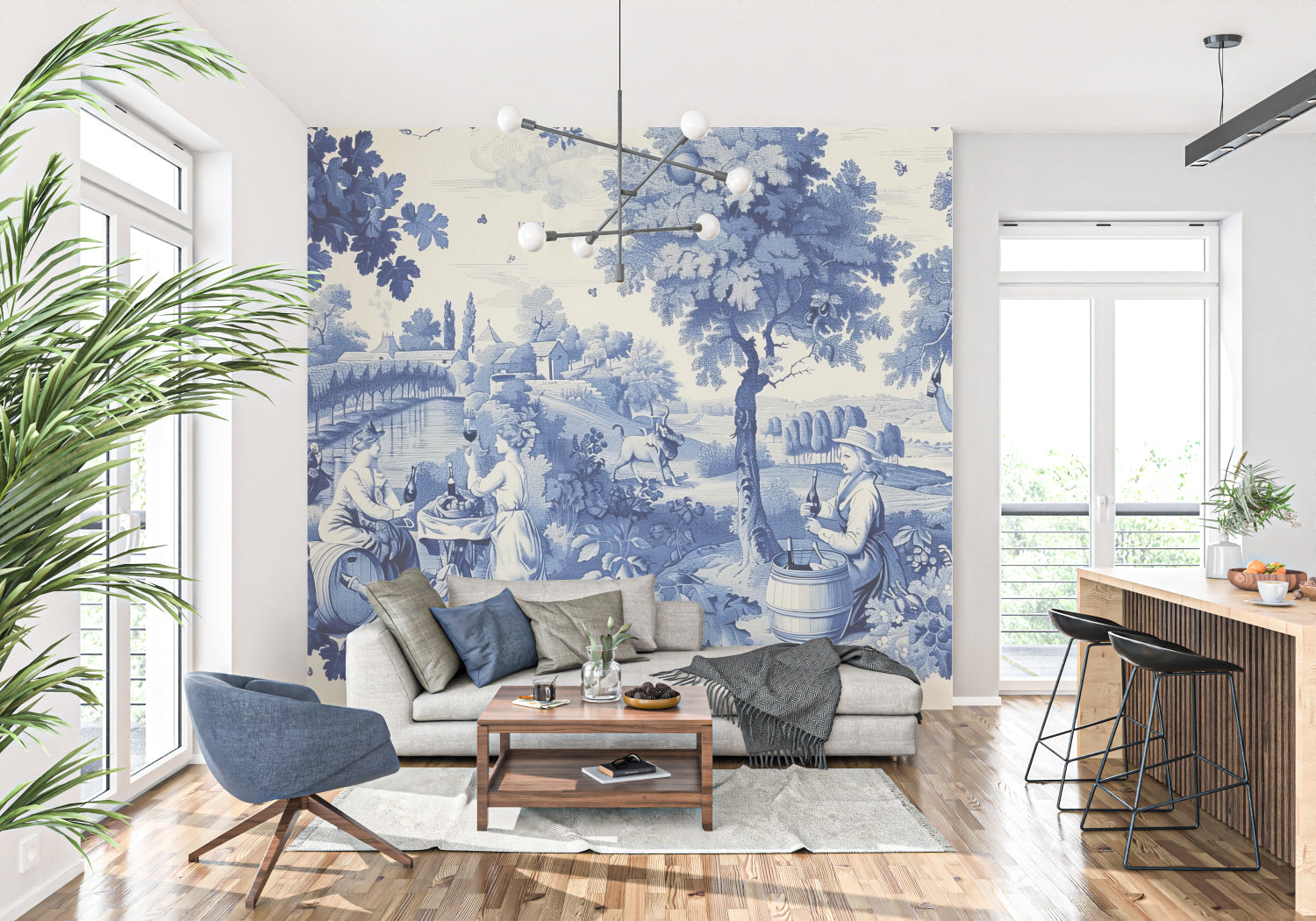 Blue countryside scene wallpaper in a cozy reading nook