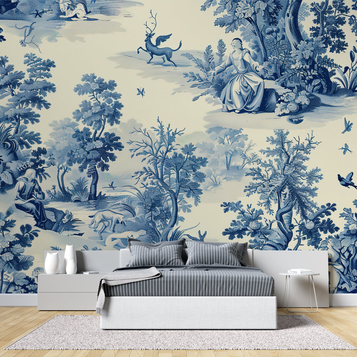 Blue Toile de Jouy wallpaper in elegant dining room showing pastoral forest scene