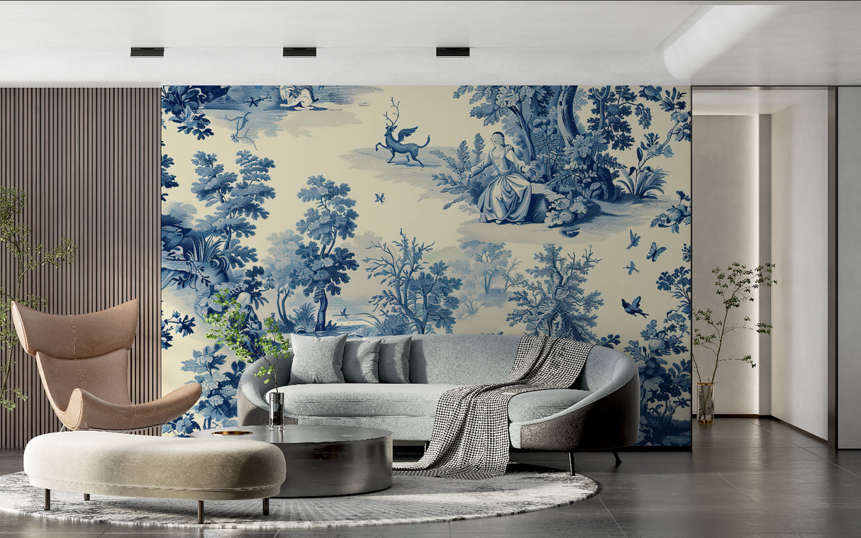 Vintage blue Toile wallpaper creating depth in modern living room