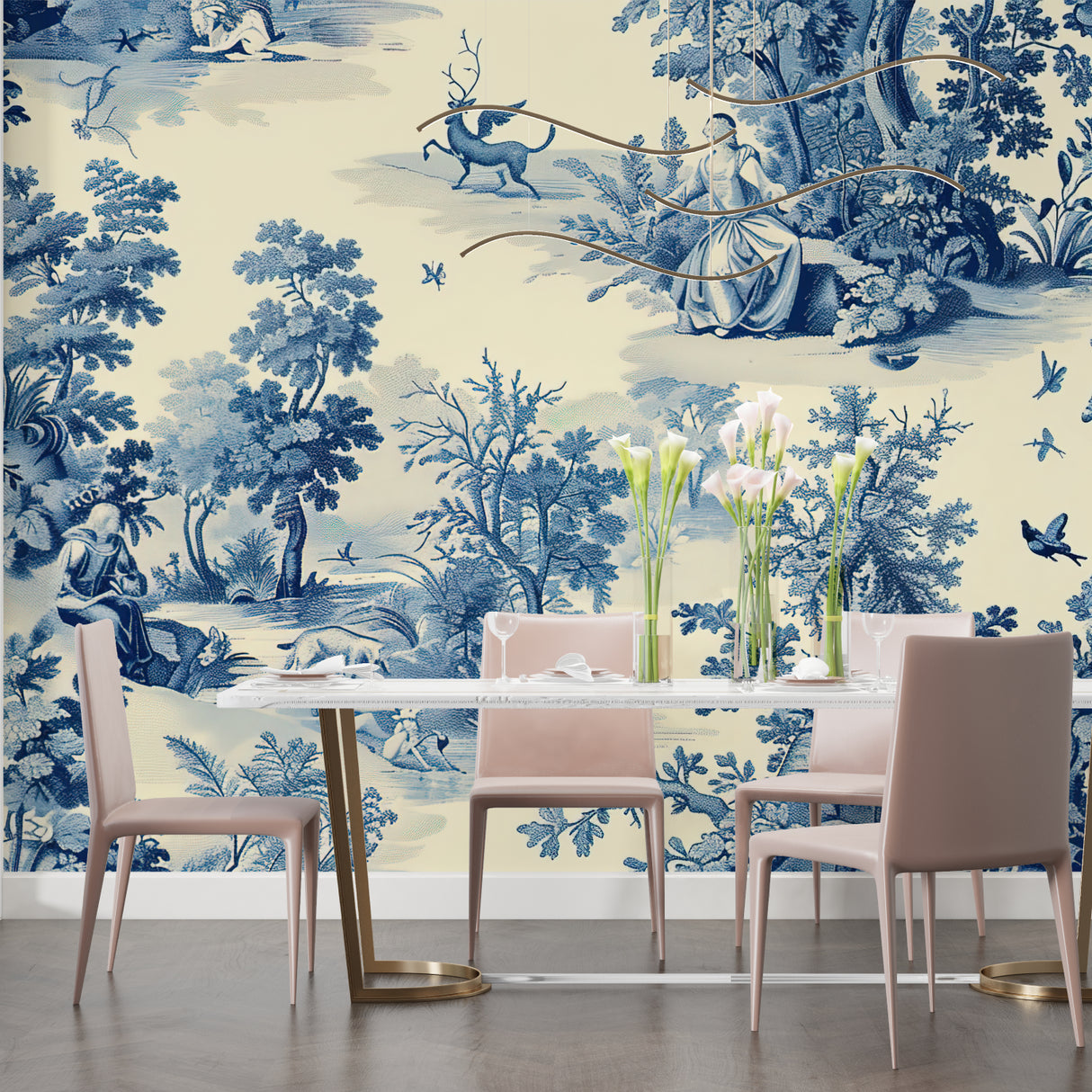 Blue Toile de Jouy mural making statement in home office