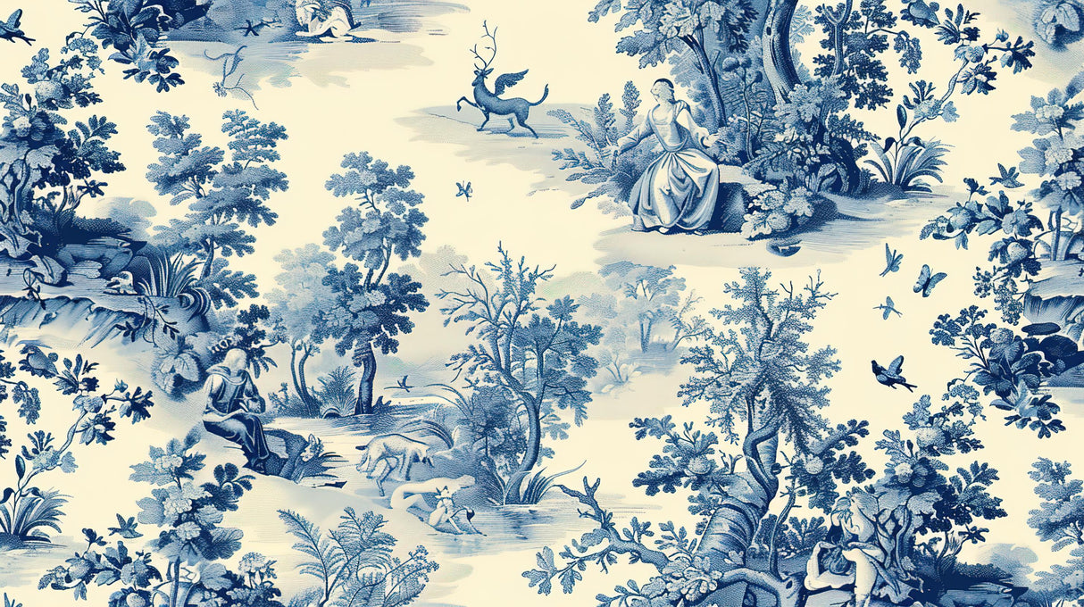 Detailed design file of Blue Toile de Jouy forest pattern with delicate illustrations
