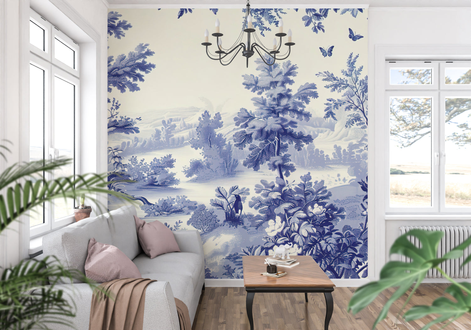 Blue and white toile mural making a statement in an entryway