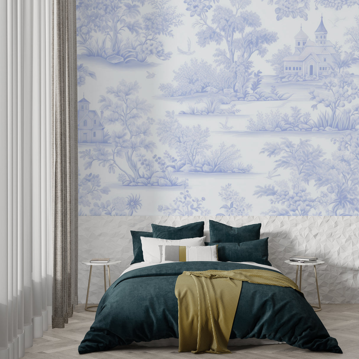 Blue Toile de Jouy wallpaper in a bright dining room showing pastoral scenes and French countryside motifs