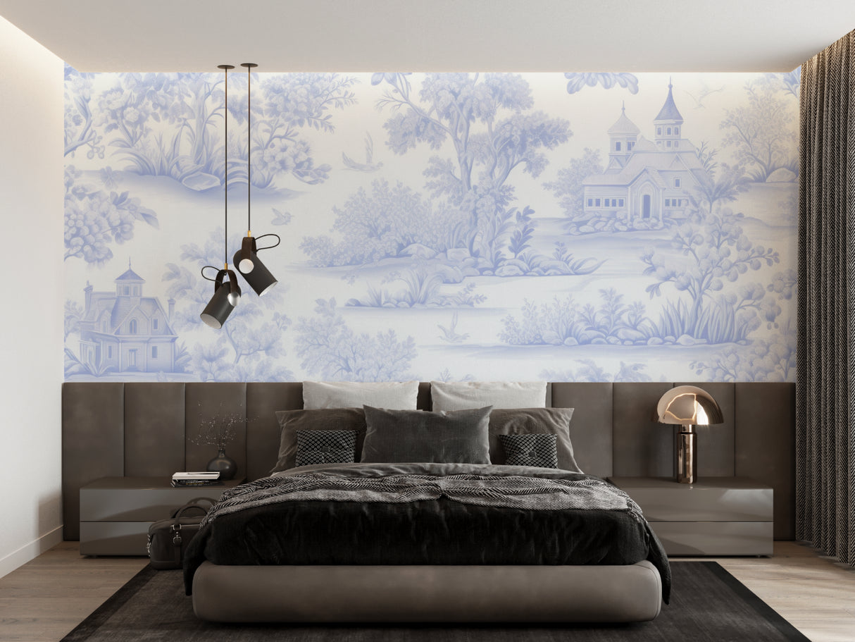 French toile wallpaper creating an elegant atmosphere in a master bedroom