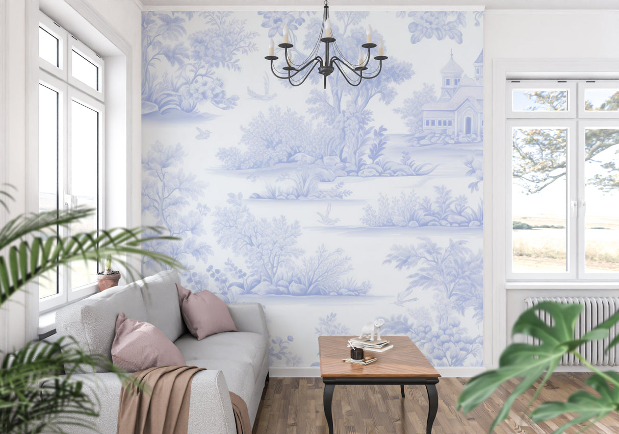 Classic blue toile pattern wallpaper showcased in a modern living room setting