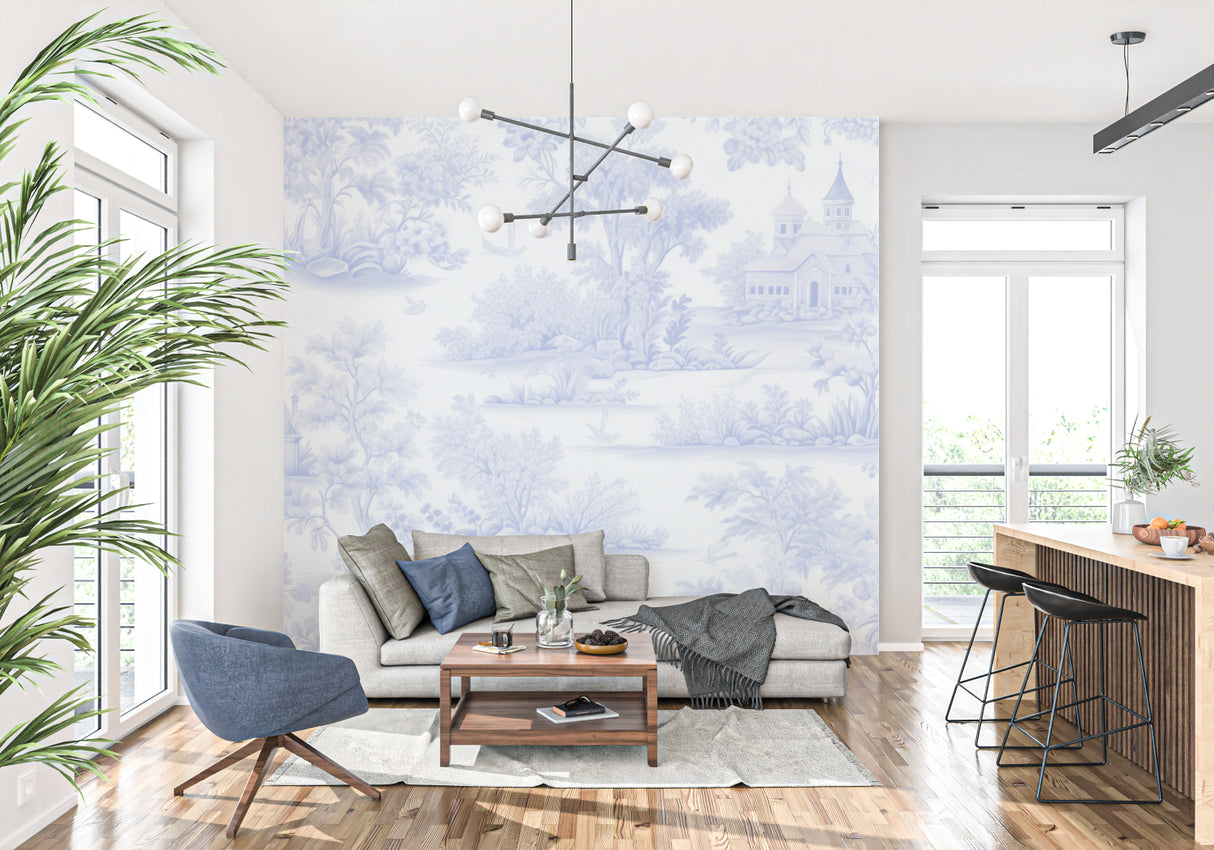 Vintage toile wallpaper bringing French charm to a home office space