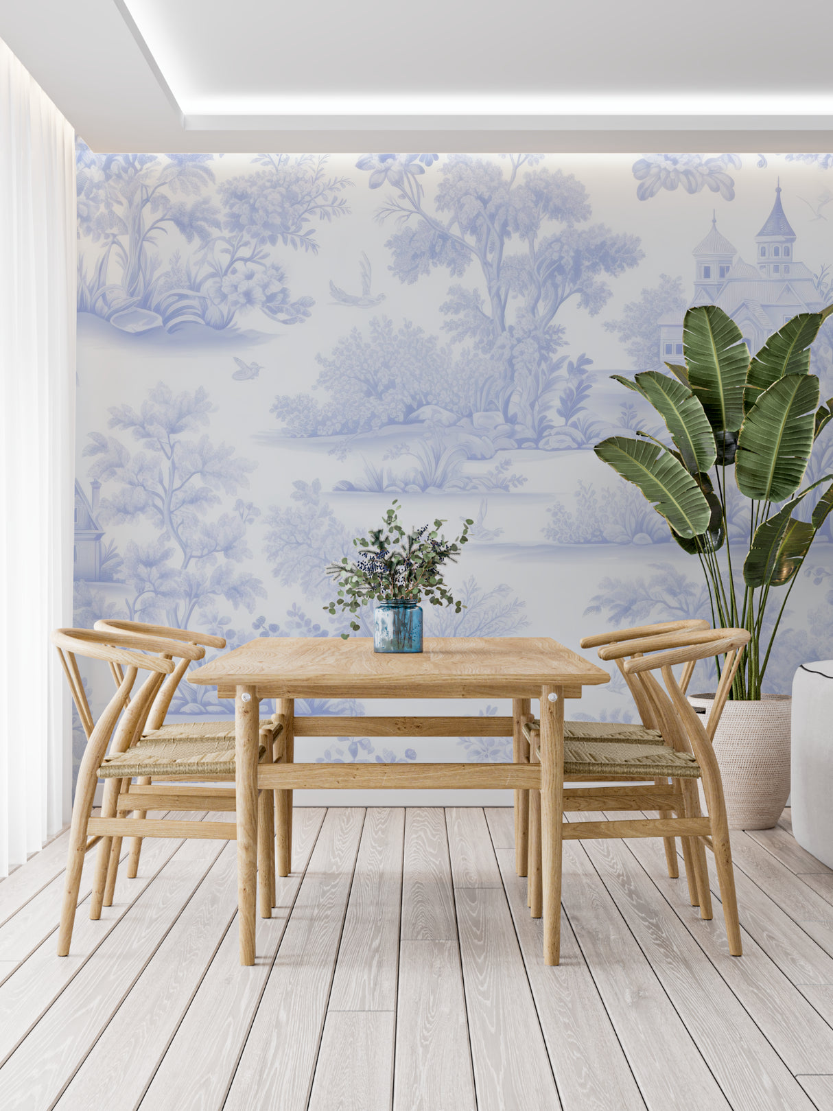 Blue and white toile wallpaper creating a sophisticated look in an entryway