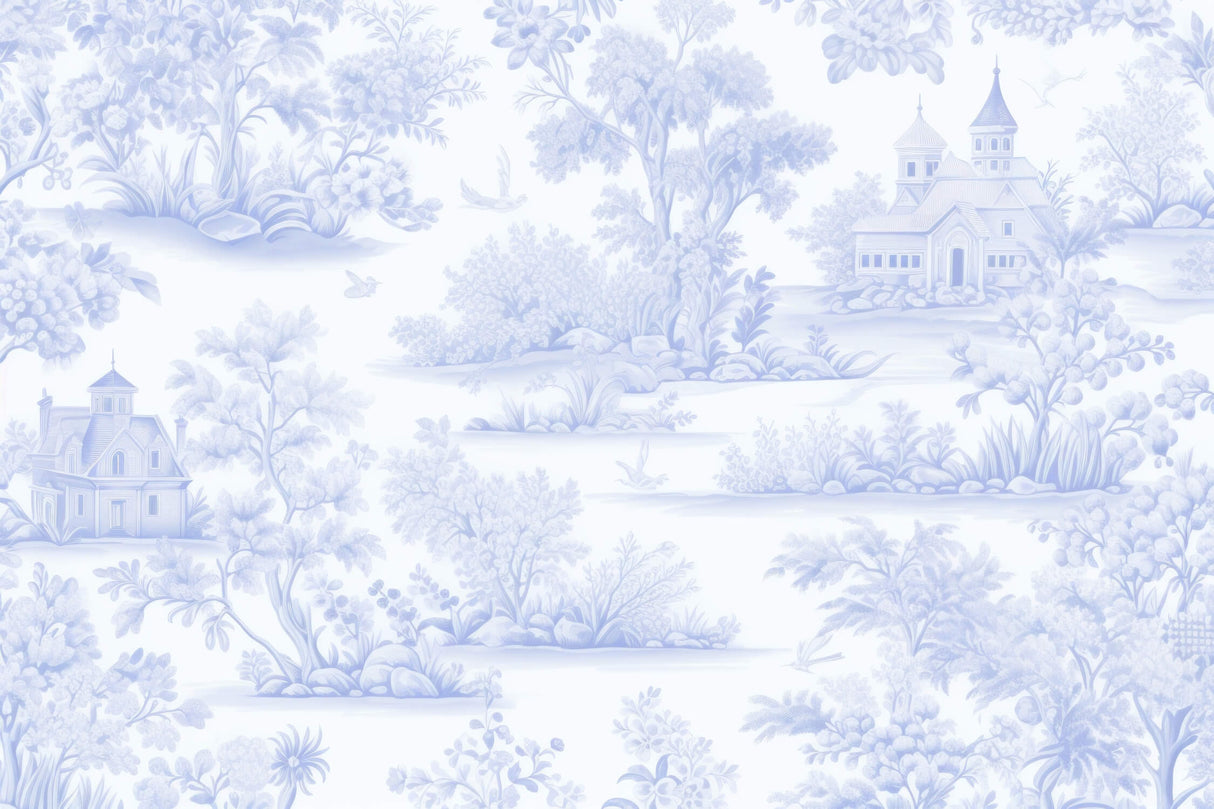 Design file showing detailed blue Toile de Jouy pattern with pastoral scenes and architectural elements