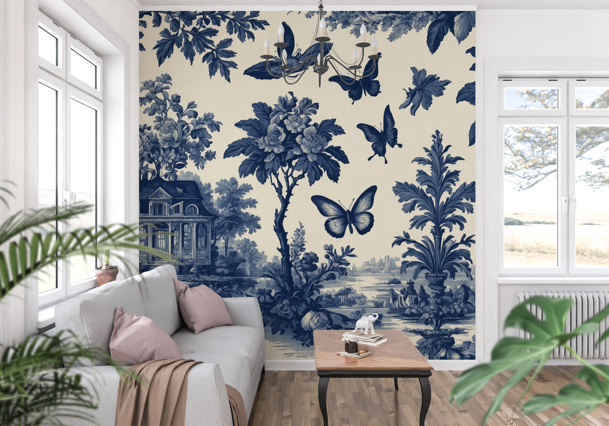 Blue Toile de Jouy wallpaper in an elegant living room, showing butterflies and botanical patterns