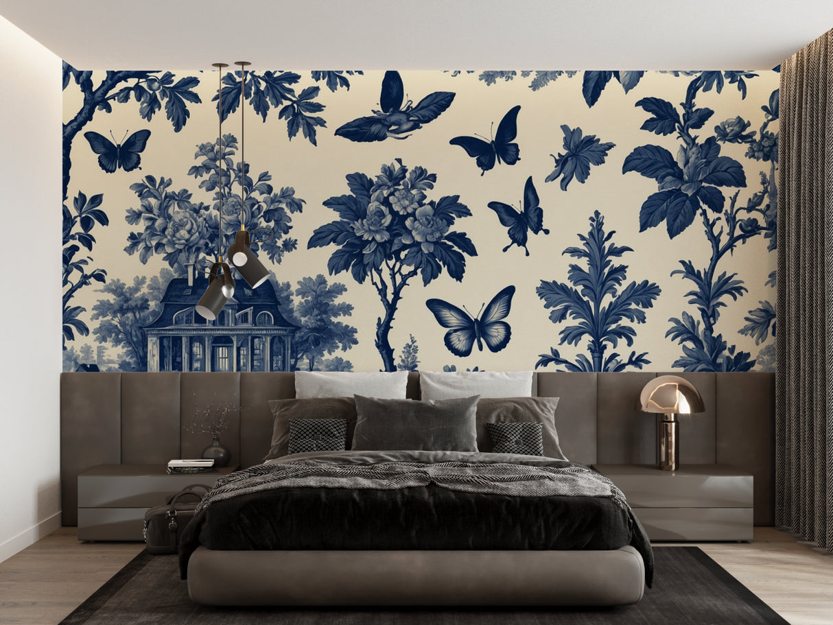 French vintage wallpaper with blue butterflies adorning a dining room wall