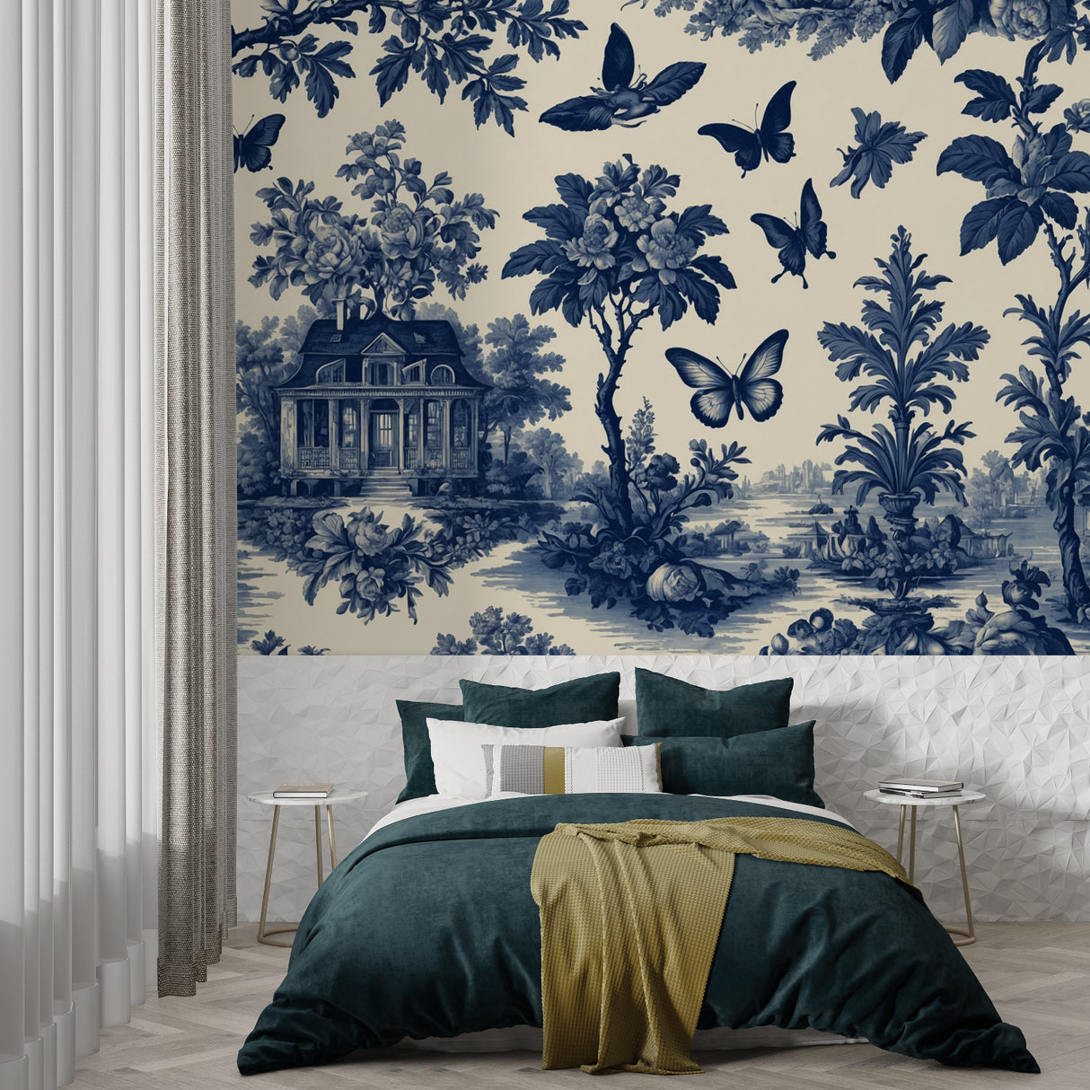 Classic blue Toile de Jouy mural in a master bedroom setting