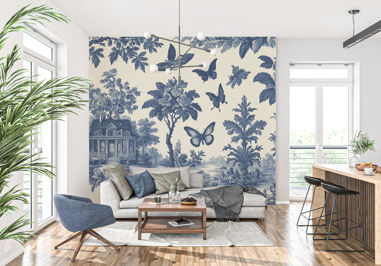 Vintage blue butterfly wallpaper creating depth in a hallway