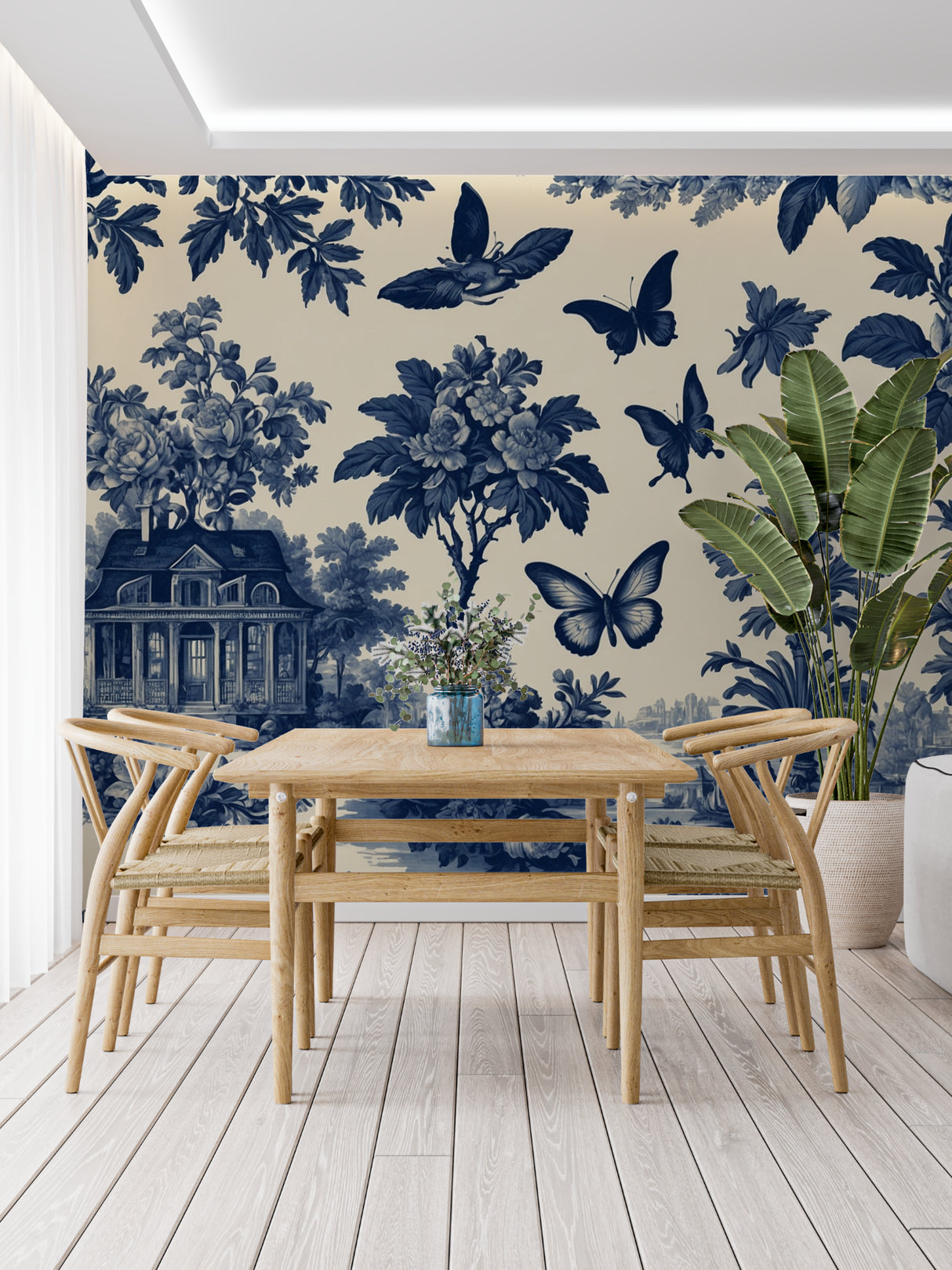 Traditional French wallpaper pattern in a study room setup