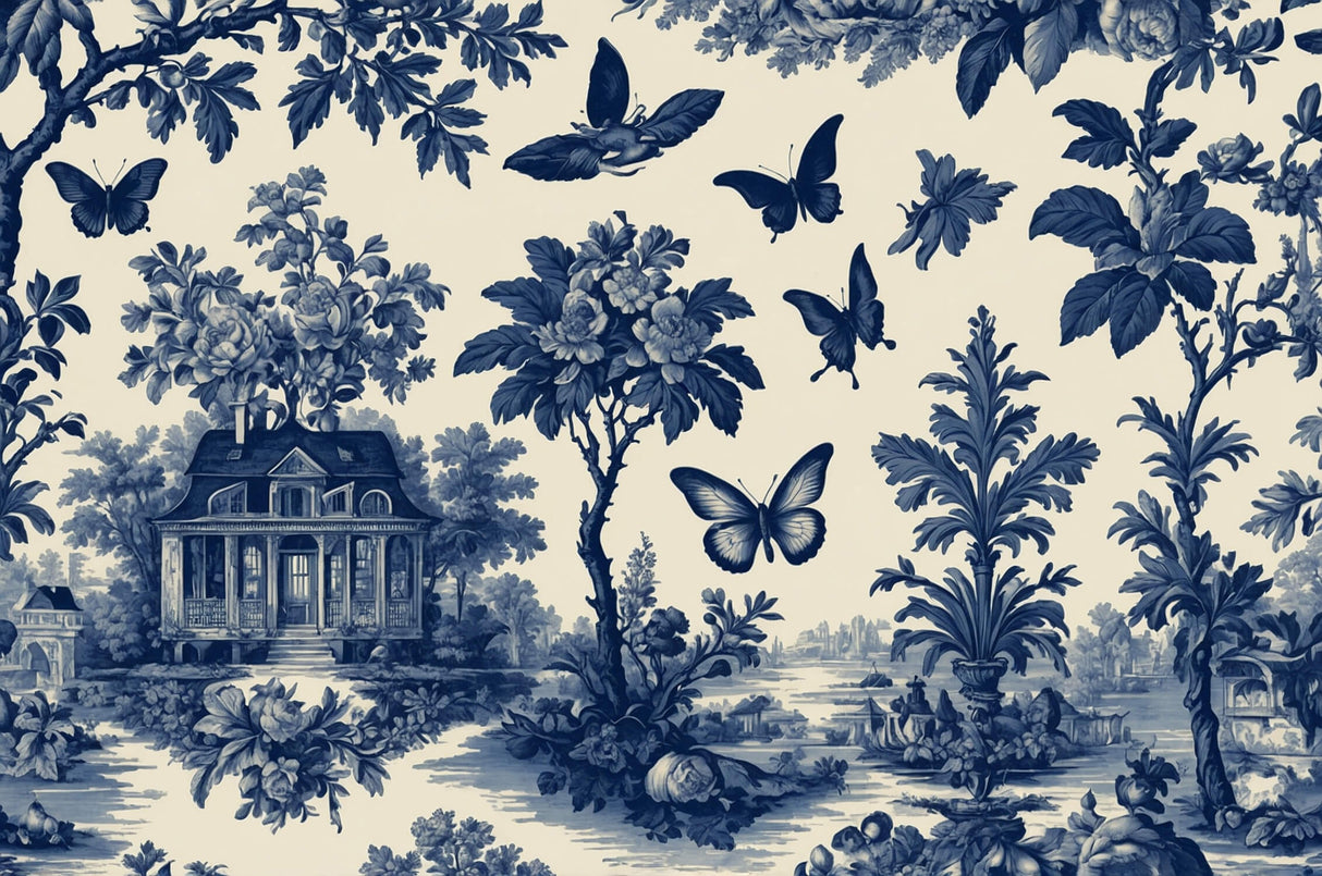 Design file of Blue Toile de Jouy pattern with detailed butterflies and botanical elements