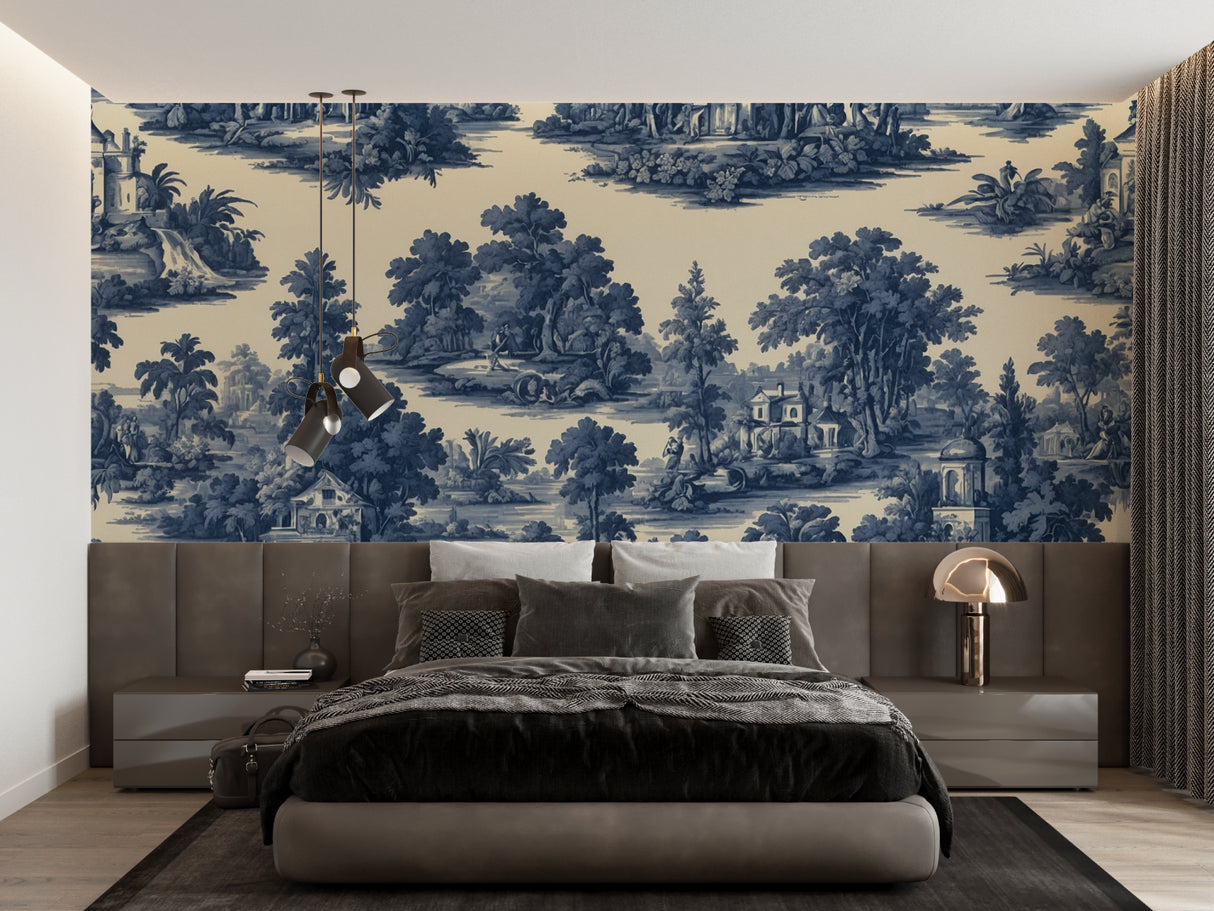Blue Toile de Jouy wallpaper in an elegant dining room with natural light highlighting the detailed pastoral scenes