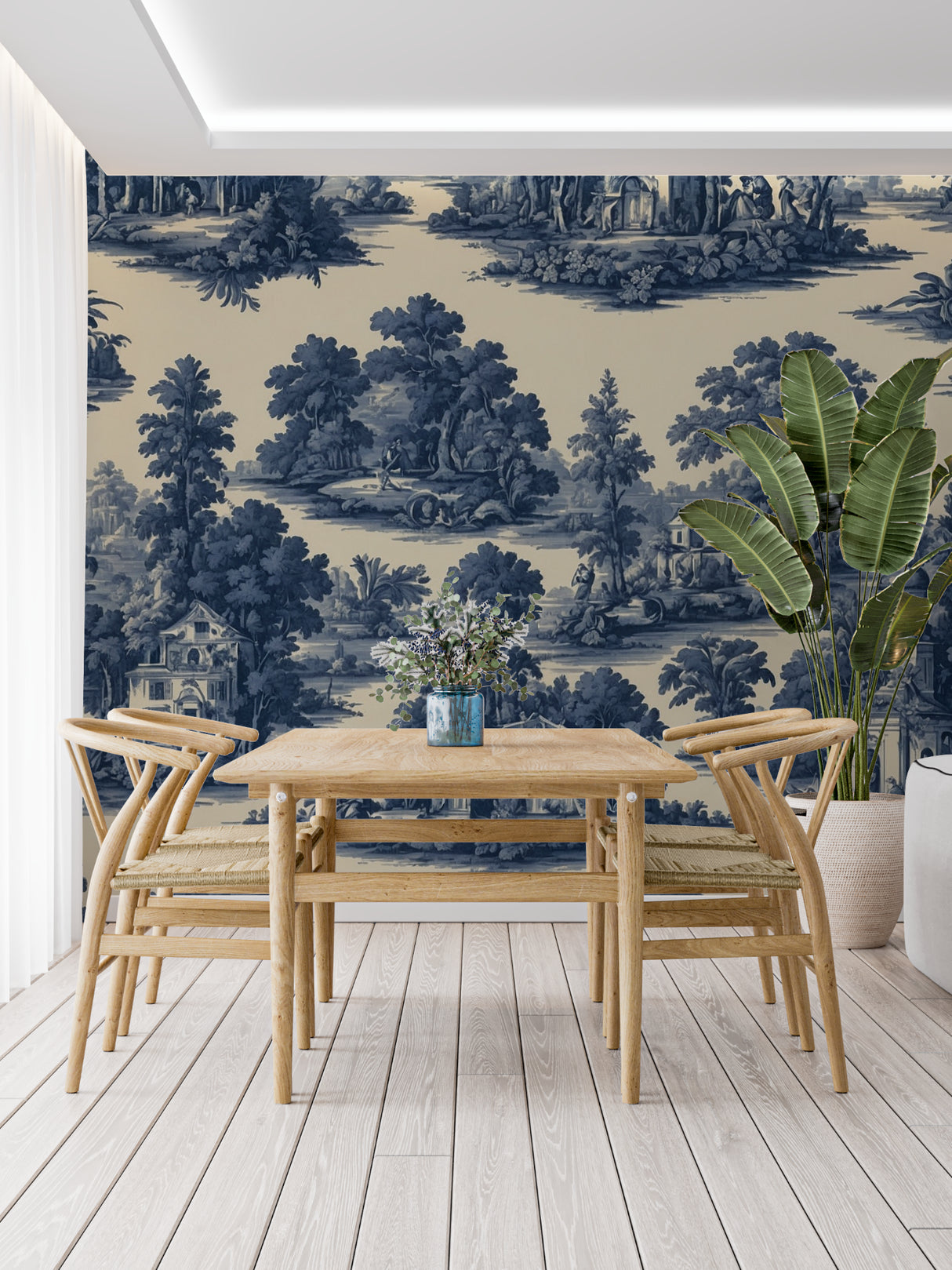 Classic blue Toile wallpaper bringing French charm to a cozy bedroom setting