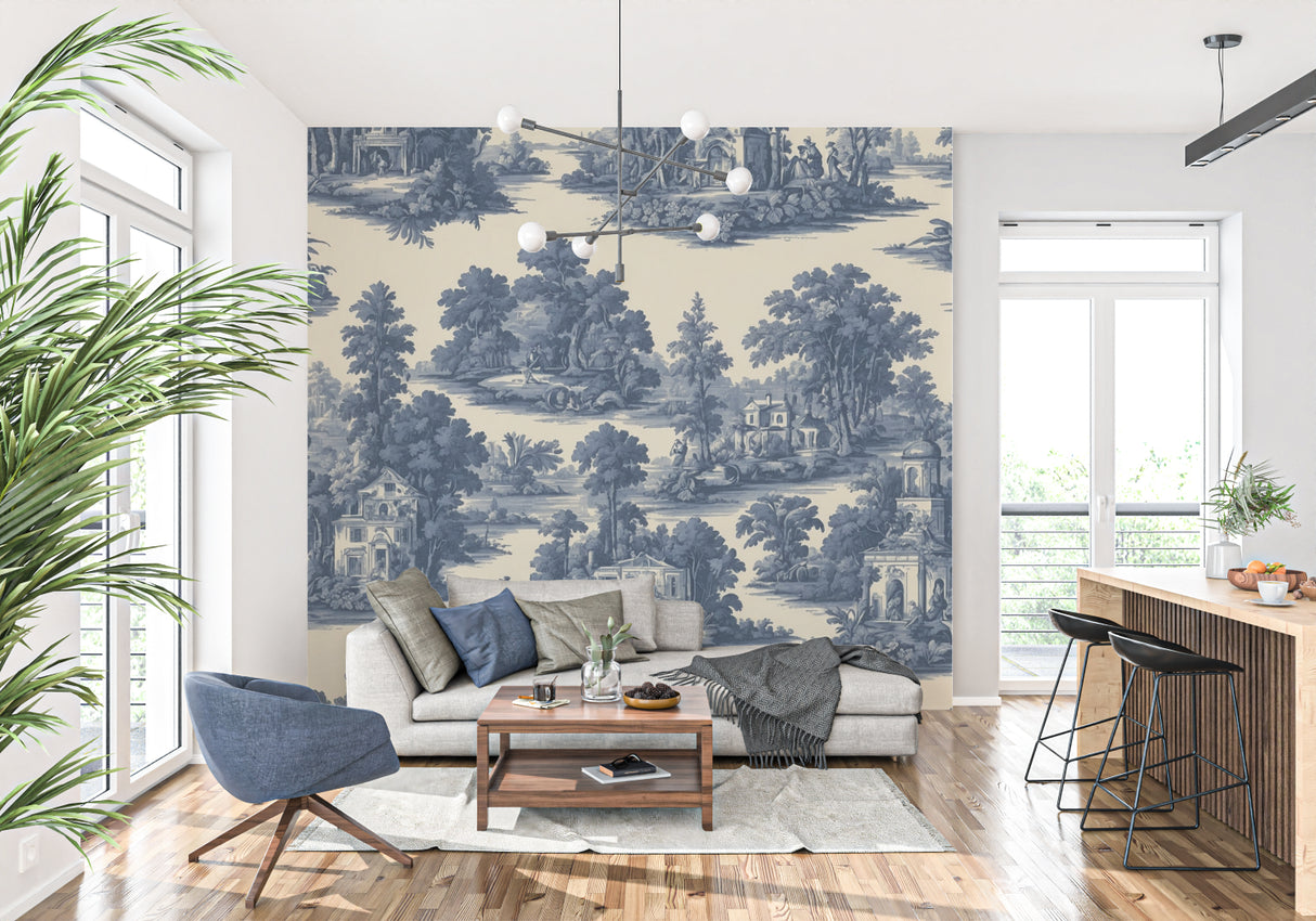 Navy blue Toile de Jouy pattern making a statement in a modern living room