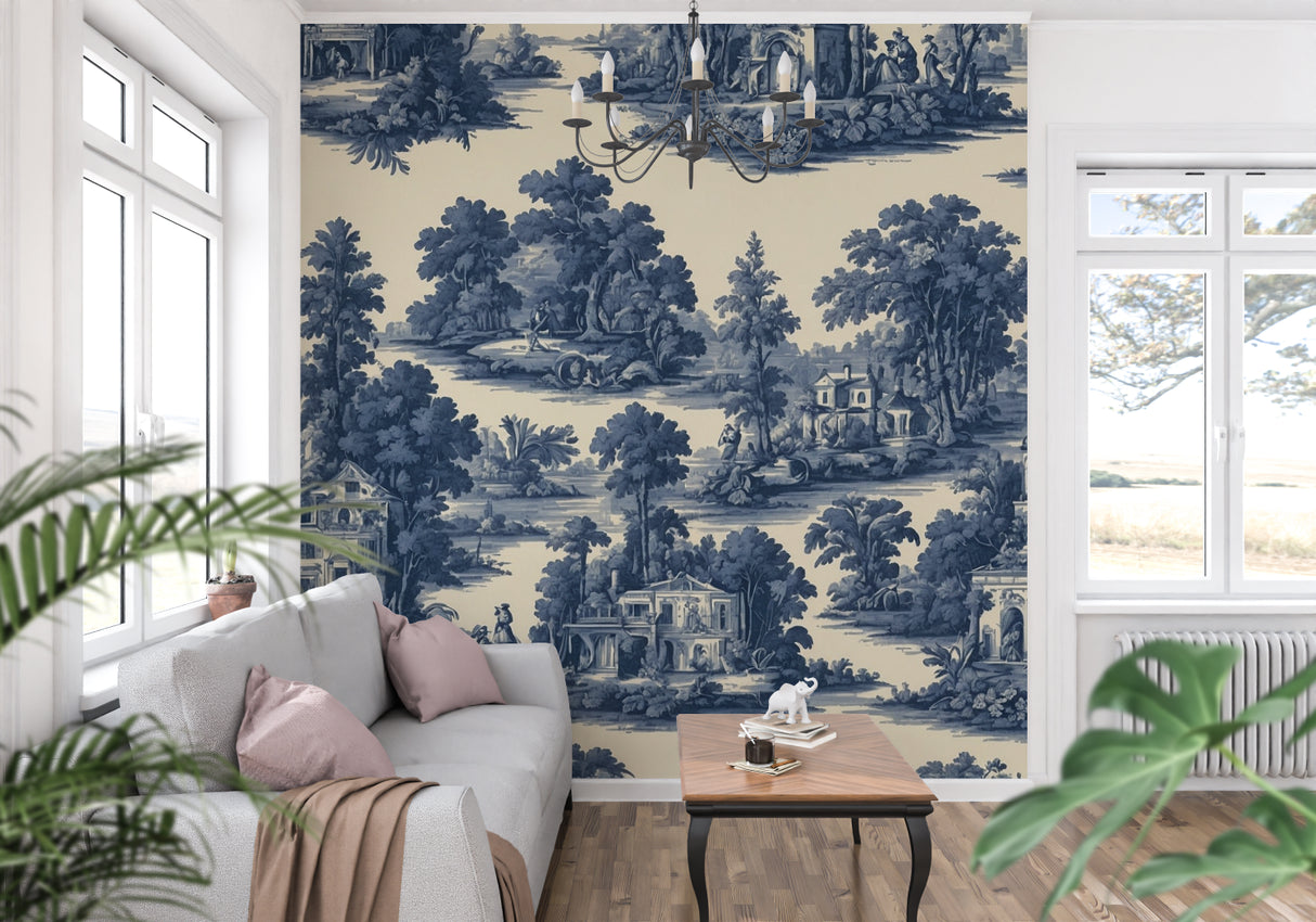 Traditional Toile wallpaper creating depth in a home office space