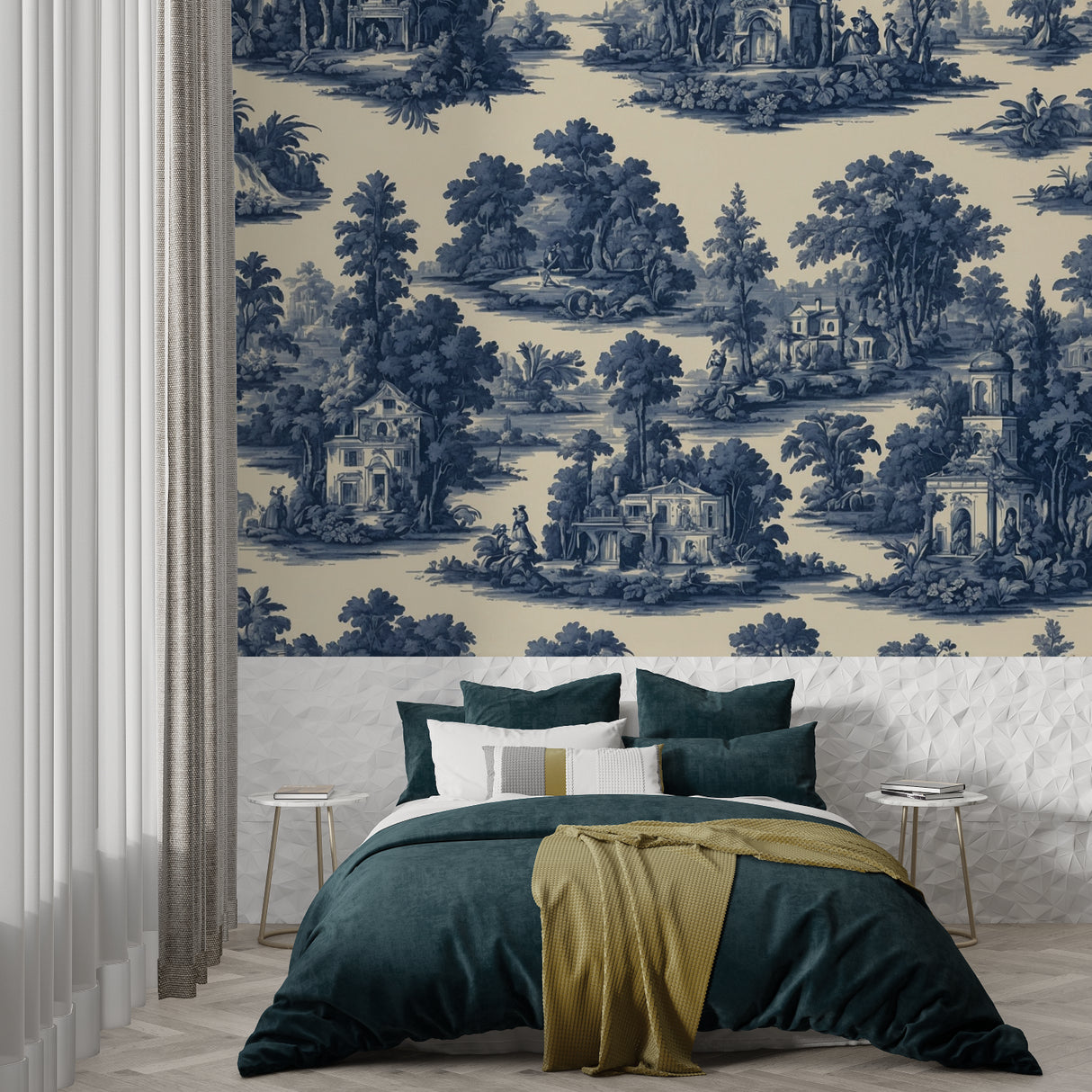 French countryside Toile pattern adding sophistication to an entryway