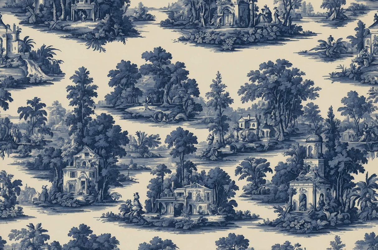 Design file showing intricate details of the blue Toile de Jouy pastoral pattern