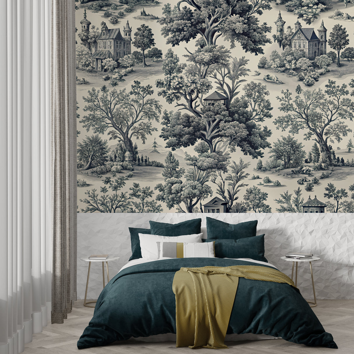 Black and white Toile de Jouy wallpaper in an elegant dining room with crystal chandelier