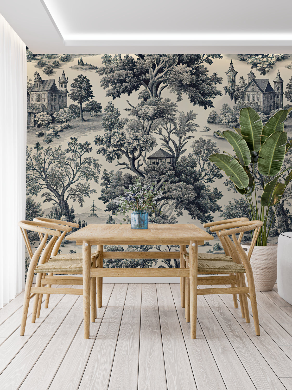 French Toile wallpaper creating depth in a modern bedroom setting