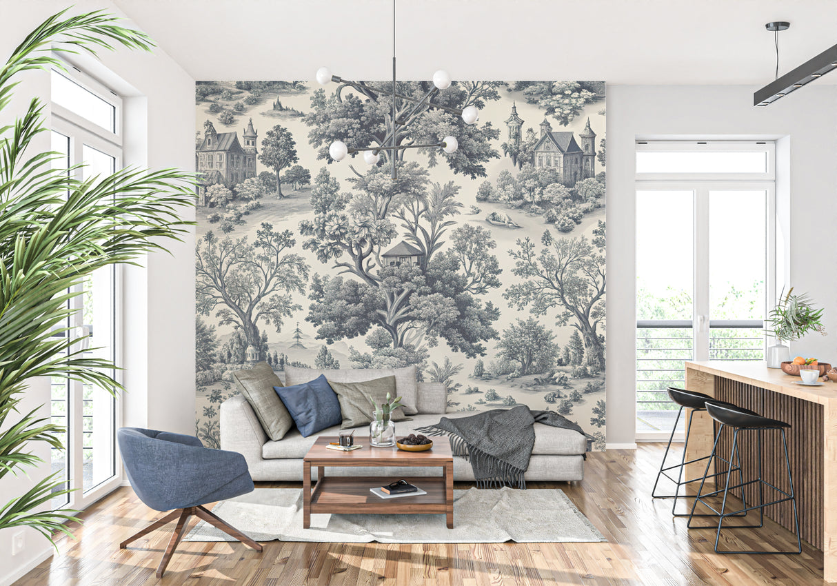 Traditional Toile de Jouy mural adding character to a hallway