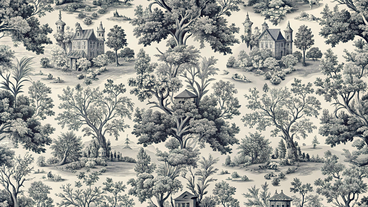 Black and white Toile de Jouy wallpaper design file showing intricate pastoral pattern details