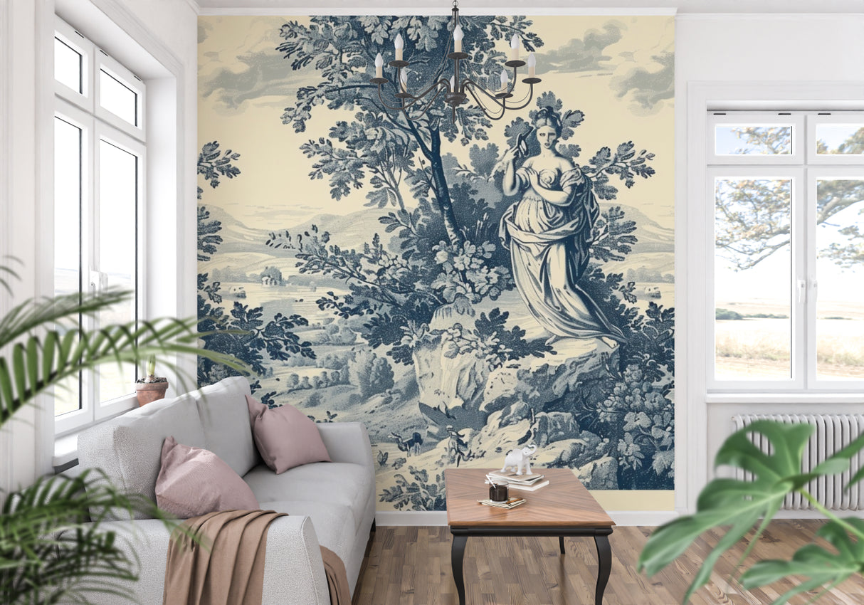 Classic blue Toile de Jouy wallpaper in an elegant dining room with natural light streaming through French windows