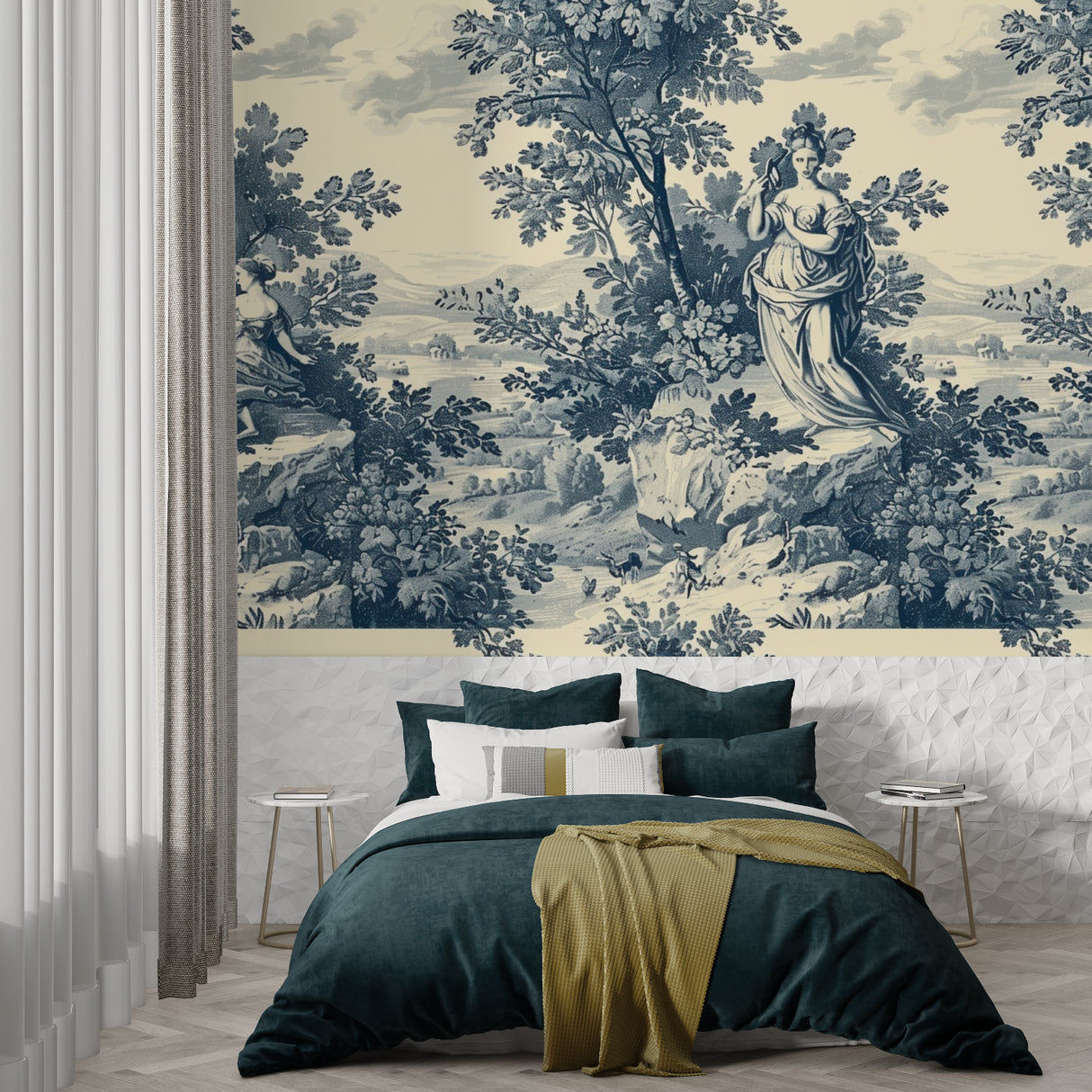 French Toile wallpaper creating a cozy reading nook in a master bedroom